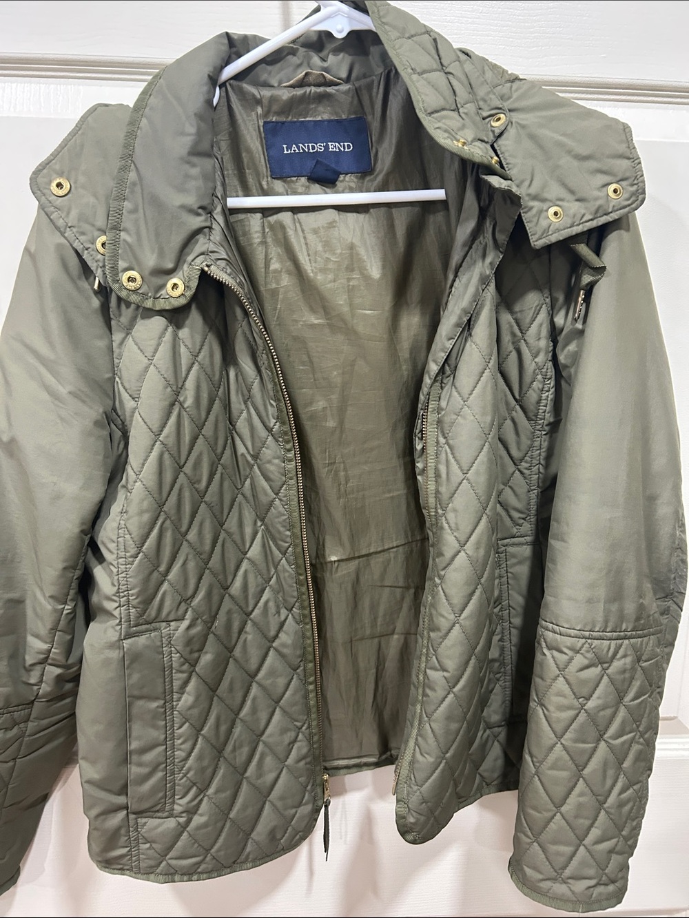 Lands' End Olive Quilted Puffer Jacket with Stand Collar